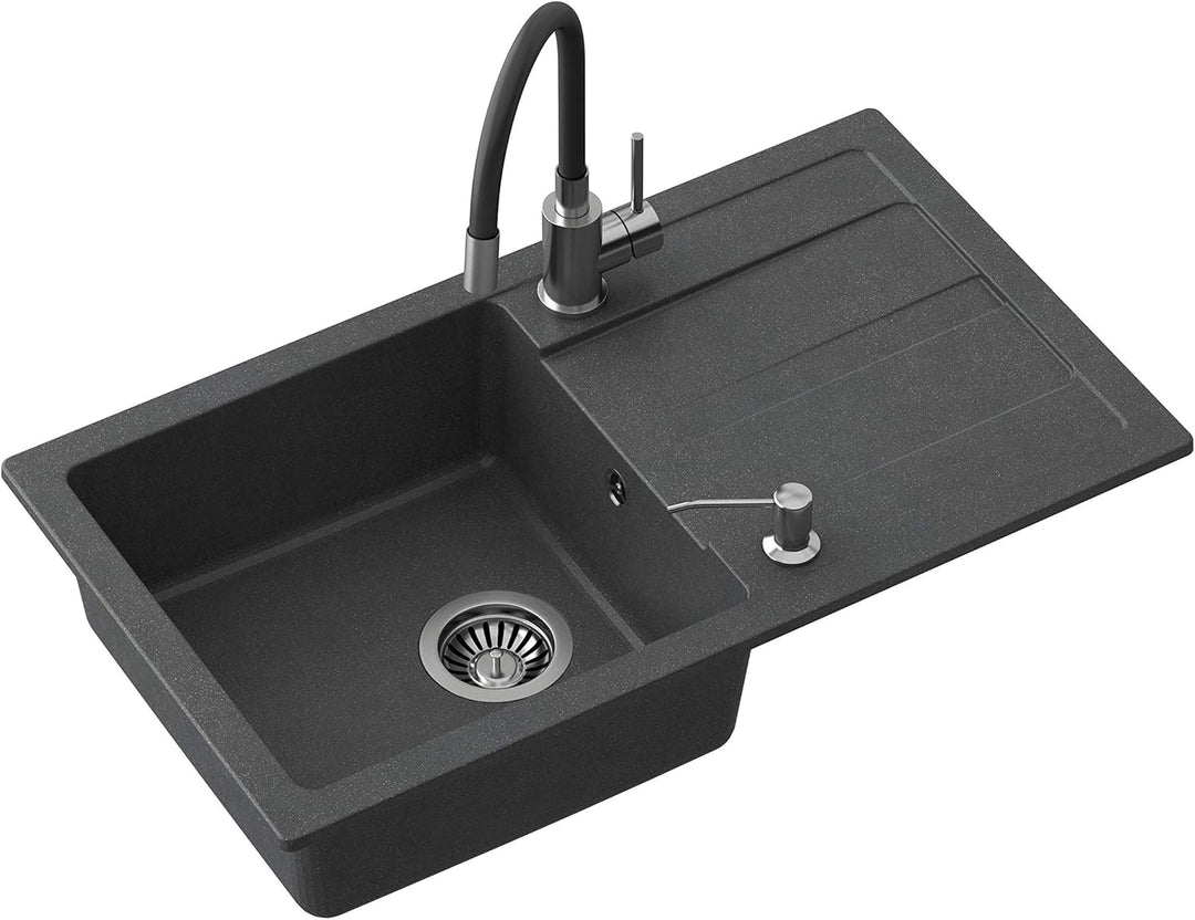 VBChome Spülbecken mit Armatur 77 x 44 cm Schwarz Einzelbecken Einbauspüle Abtroffläche gesprenkelt
