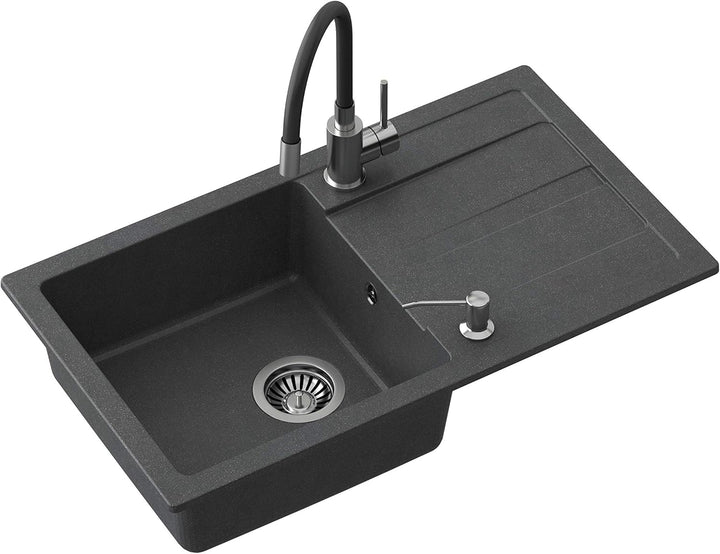 VBChome Spülbecken mit Armatur 77 x 44 cm Schwarz Einzelbecken Einbauspüle Abtroffläche gesprenkelt