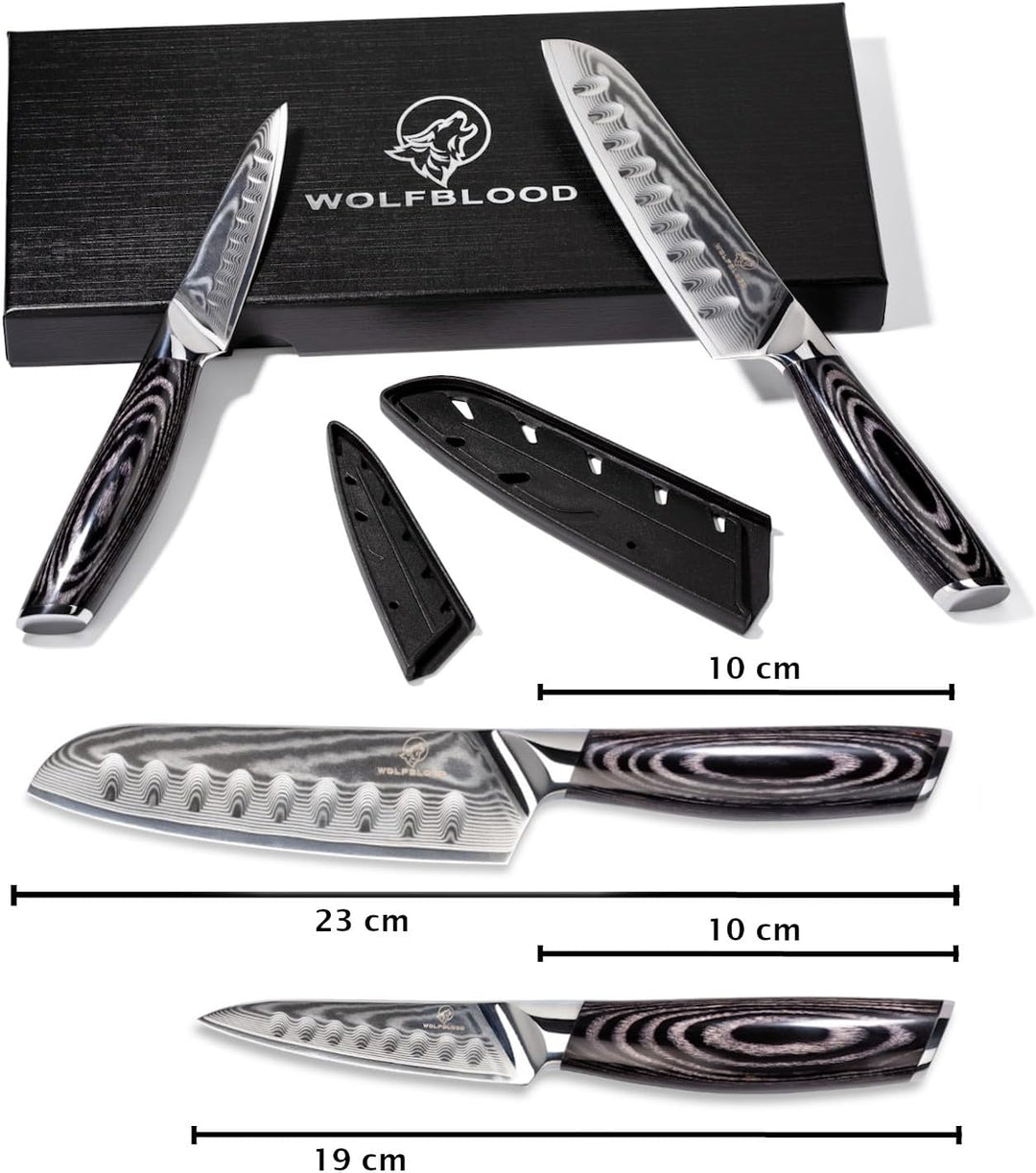 Wolfblood PRO 2er Damastmesser Set L (23cm und 19cm) TÜV geprüfter 62 HRC Damaststahl aus 67 Lagen I