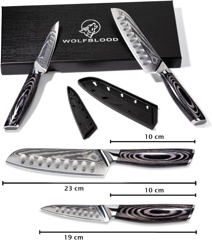 Wolfblood PRO 2er Damastmesser Set L (23cm und 19cm) TÜV geprüfter 62 HRC Damaststahl aus 67 Lagen I