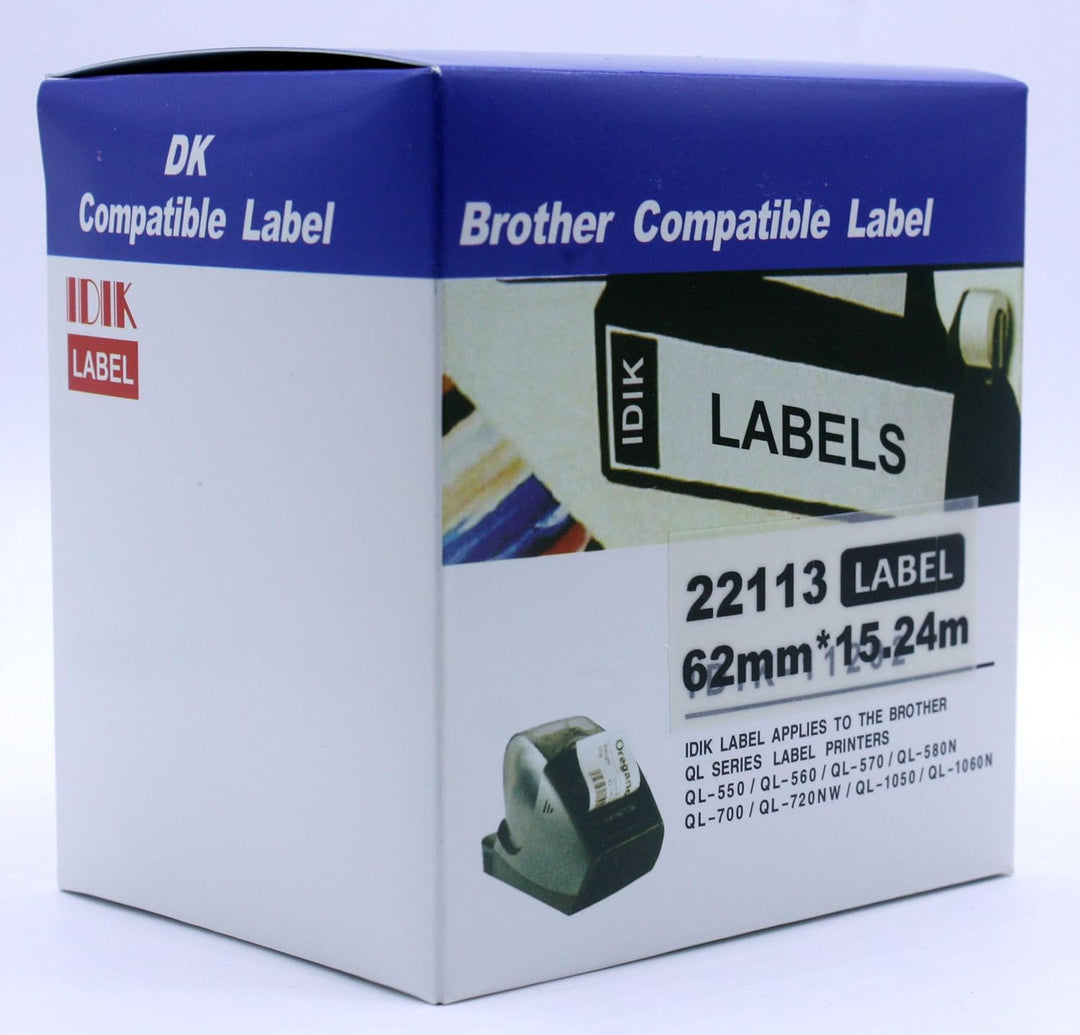 IDIK Klebeband für Brother DK-2113 DK-22113, robust, breit, Schwarz auf Transparent, 62 mm x 15,24 m
