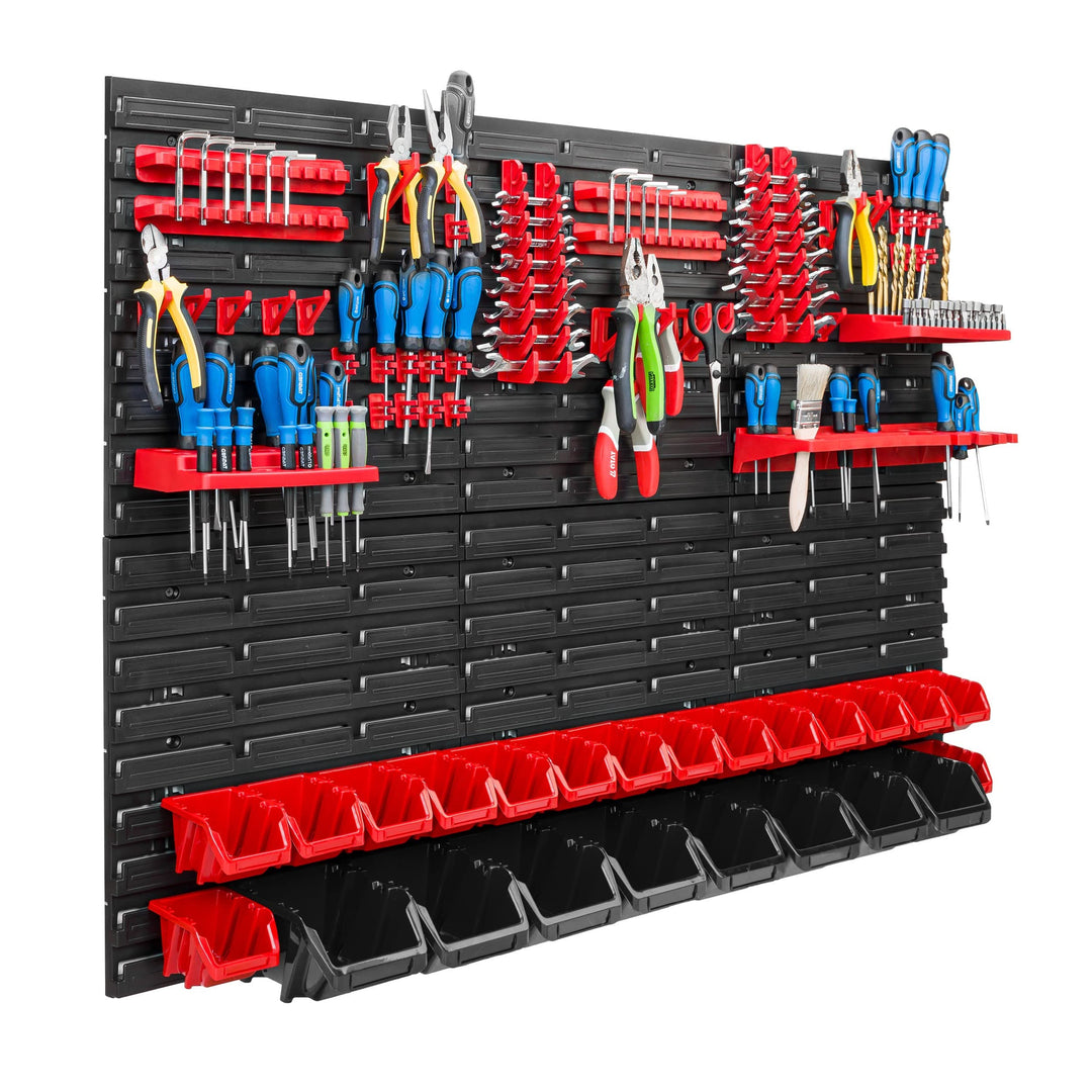 Lagersystem Werkstattregal | 117 x 78 cm | 24 stck. Box | Wandregal mit Werkzeughalterungen und Stap