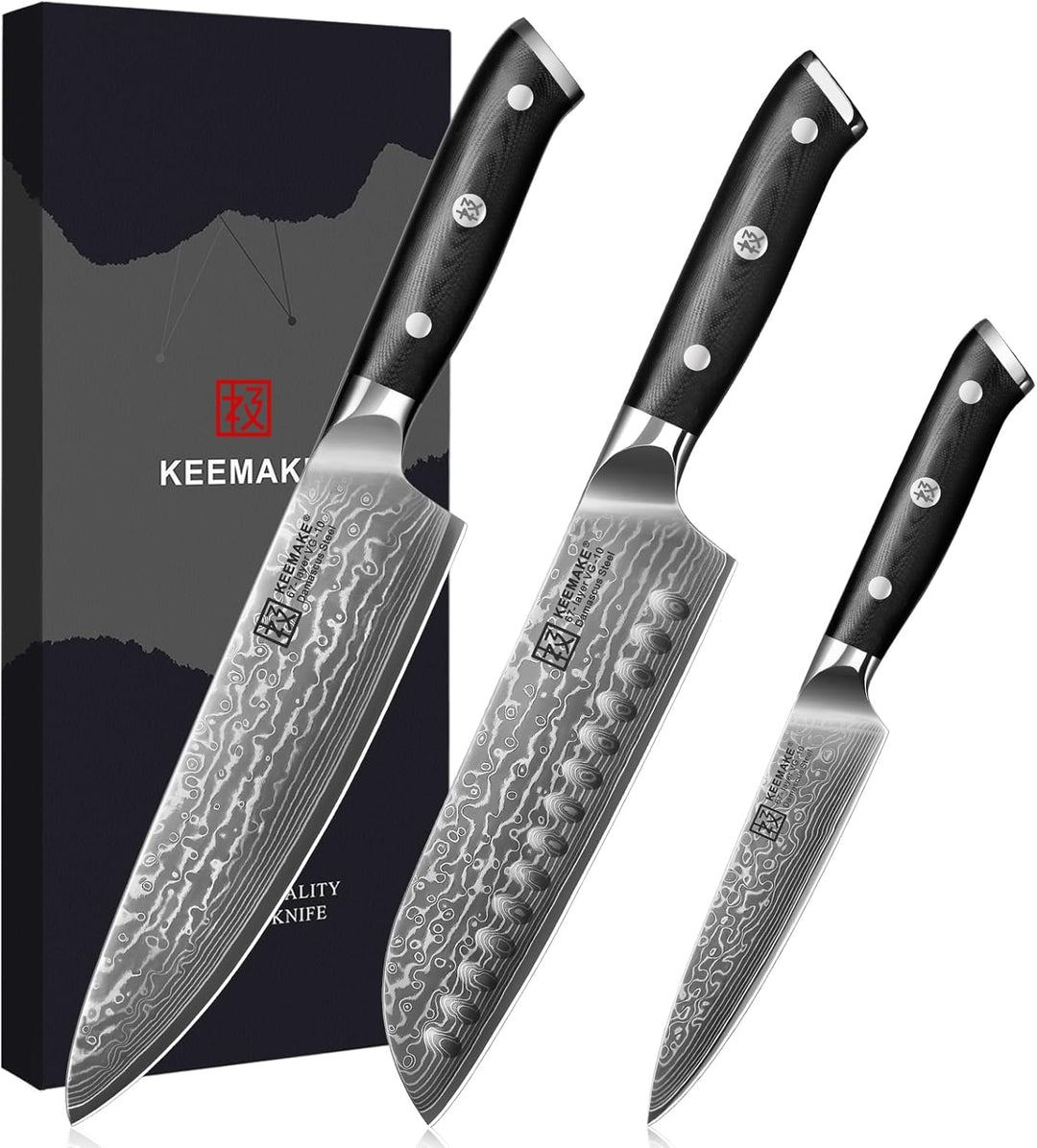 KEEMAKE Damastmesser Set 3 teilig - Küchenmesser Set aus 67 Lagen Damaststahl mit Ergonomischer G10