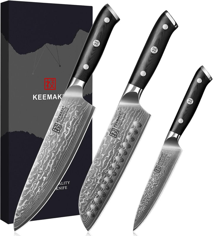 KEEMAKE Damastmesser Set 3 teilig - Küchenmesser Set aus 67 Lagen Damaststahl mit Ergonomischer G10