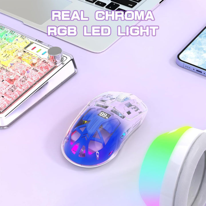 ZIYOU LANG x FREEWOLF Kabellose Gaming Maus, PixArt PAW3212 Dual Mode 2.4G/Bluetooth Transparente RG