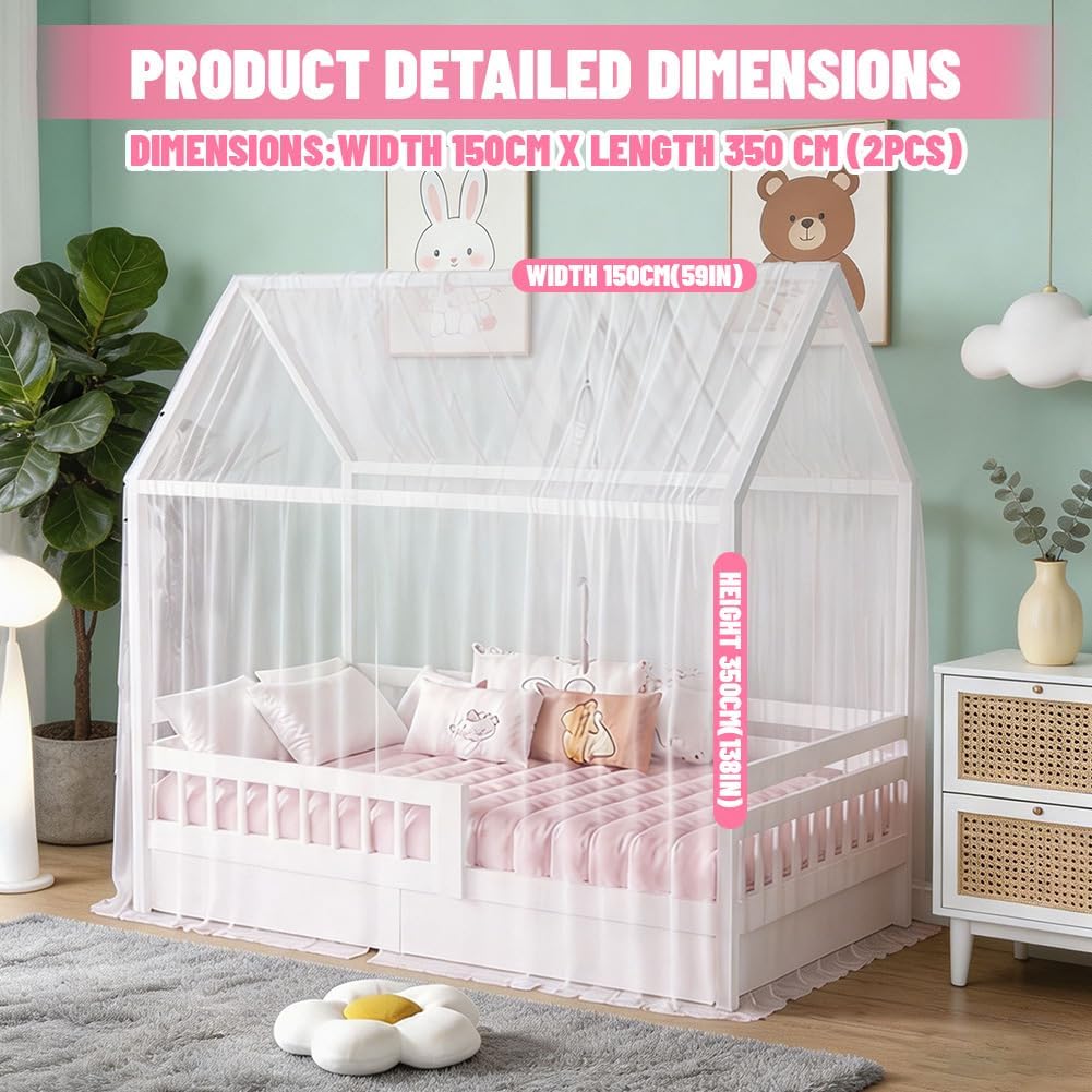 Hausbett Himmel Set, 2 Stück Hausbett Himmel für Kinderbett, 150 x 350 cm, Leichte Atmungsaktive Sto