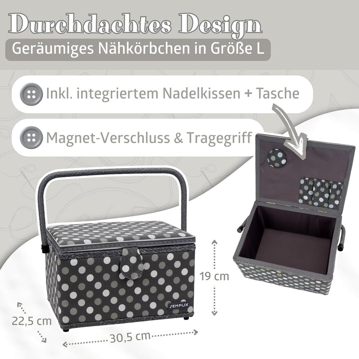 SEMPLIX Bundle Polka Dots Nähmaschinentasche + Nähkorb L (anthrazit/grau)