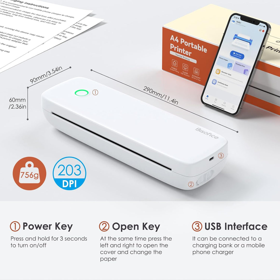 Bisofice L81 Mobiler Tragbarer Drucker Bluetooth Thermodrucker A4 Mobiler Drucker A4 Klein Kompakt P