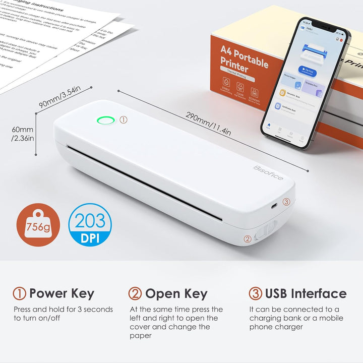 Bisofice L81 Mobiler Tragbarer Drucker Bluetooth Thermodrucker A4 Mobiler Drucker A4 Klein Kompakt P