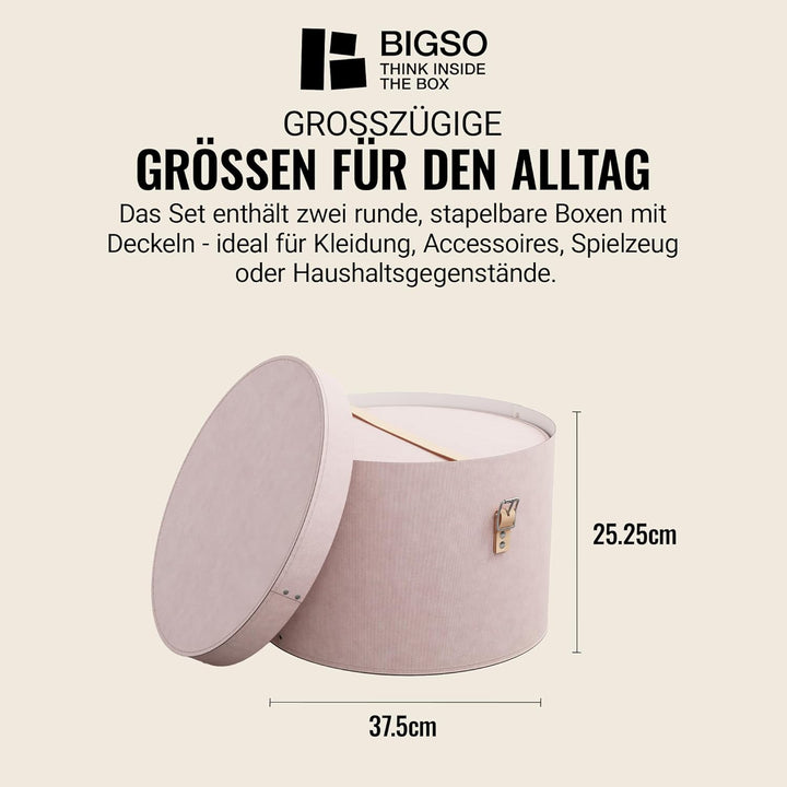 BIGSO RUT 2er-Set Aufbewahrungsbox mit Deckel – runde Ordnungsbox mit Lederriemen – grosse und klein