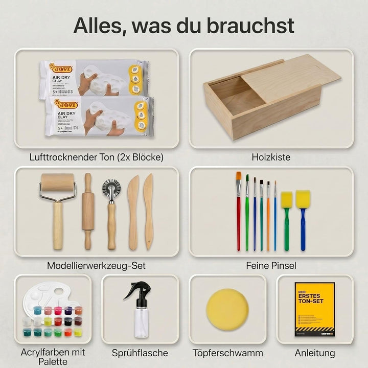 DIBYS Töpfer Set für Zuhause - 2x500 g Lufttrocknender Ton Weiss mit Töpferwerkzeug, 15 Farben & Pin