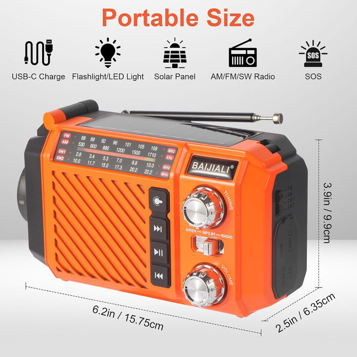 Kurbelradio Notfallradio mit 2600mAh Powerbank, Solar & USB-C Ladung, AM/FM/SW Weltempfänger, LED-Ta