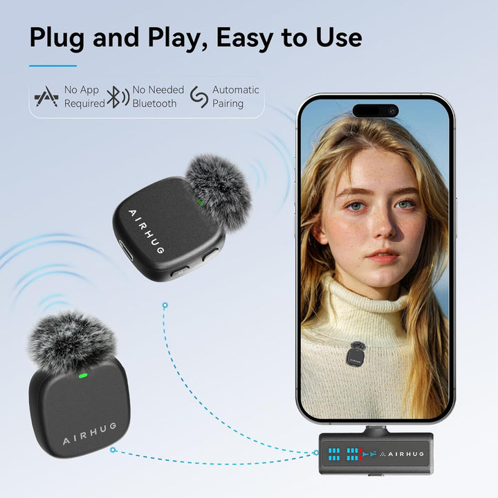AIRHUG Kabelloses Lavalier-Mikrofon für iPhone/Android/PC, 60H Akku, 48KHz 24Bit, Plug-Play Lightnin