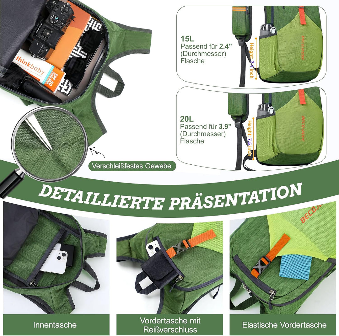 BECOJADDE 15L Wanderrucksack Herren Kleiner Rucksack Damen Leichter Daypack Tagesrucksack Faltbarer