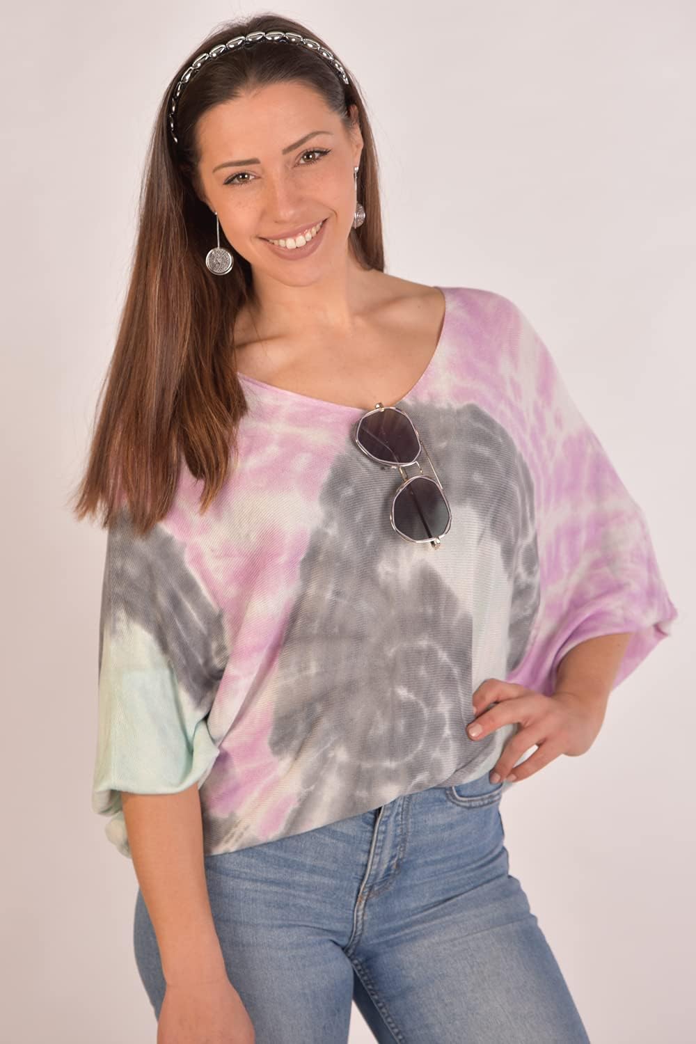 styleBREAKER Damen Feinstrick Poncho Batik V-Ausschnitt | Sommerlich leichter Überwurf, 3/4 Flederma
