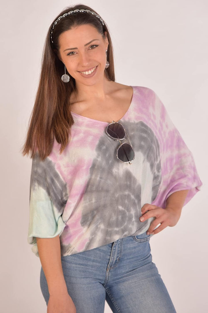 styleBREAKER Damen Feinstrick Poncho Batik V-Ausschnitt | Sommerlich leichter Überwurf, 3/4 Flederma