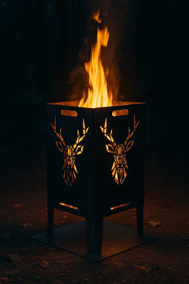 Feuertonne Hirsch & Löwe - Massive Feuerkorb Feuerschale aus Stahl Outdoor Firepit mit Motiv Stabil,
