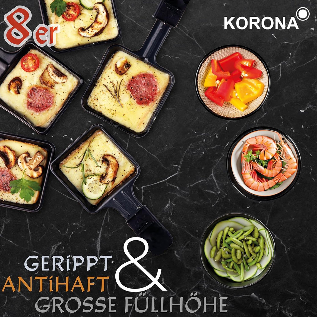 Korona 45070 Raclette für 8 Personen | 8 Pfannen & Spatel | Extra Pfannenablage | Mit antihaftbeschi