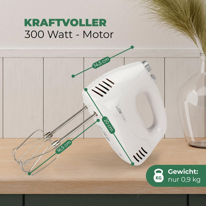 Clatronic Handmixer HM 3524, Set mit Mixstab, Edelstahlquirle & extra lange Knethaken, 5 Geschwindig