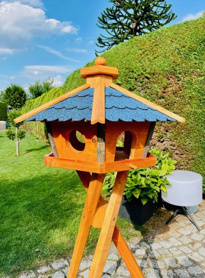 Vogel Futter Haus L oder XL Sechseck Holz Vogelhaus Futterstelle Braun/Blau, Rot, Schwarz und Grün (
