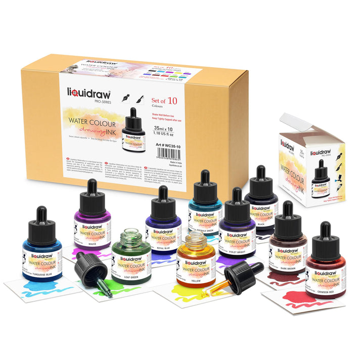 Liquidraw Aquarell-Zeichentinte, Set mit 10 verschiedenen Farben, 35-ml-Flaschen mit Tintentropfer,
