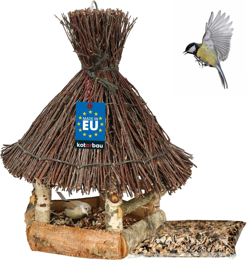 KOTARBAU® Holz-Vogelfutterhaus mit Reet eingedeckt Birke zum Aufhängen + 0,5 kg Futter Gratis