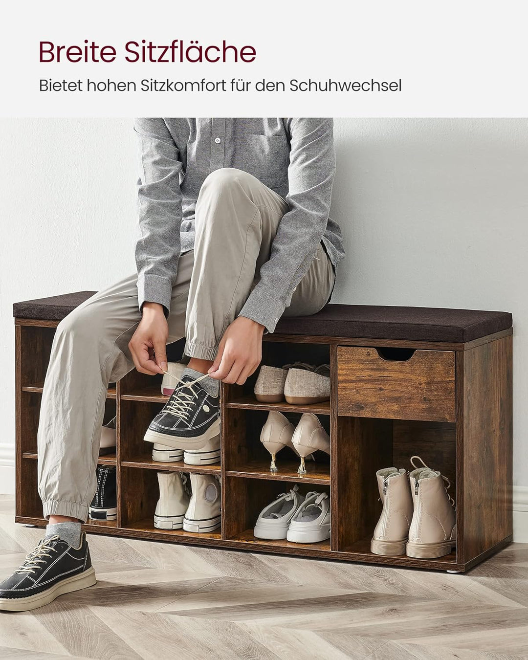 VASAGLE Schuhbank, Schuhregal mit Schublade und offenen Fächern, Sitzbank, gepolsterter Sitz, Flur,