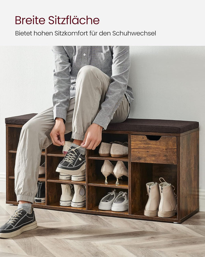 VASAGLE Schuhbank, Schuhregal mit Schublade und offenen Fächern, Sitzbank, gepolsterter Sitz, Flur,