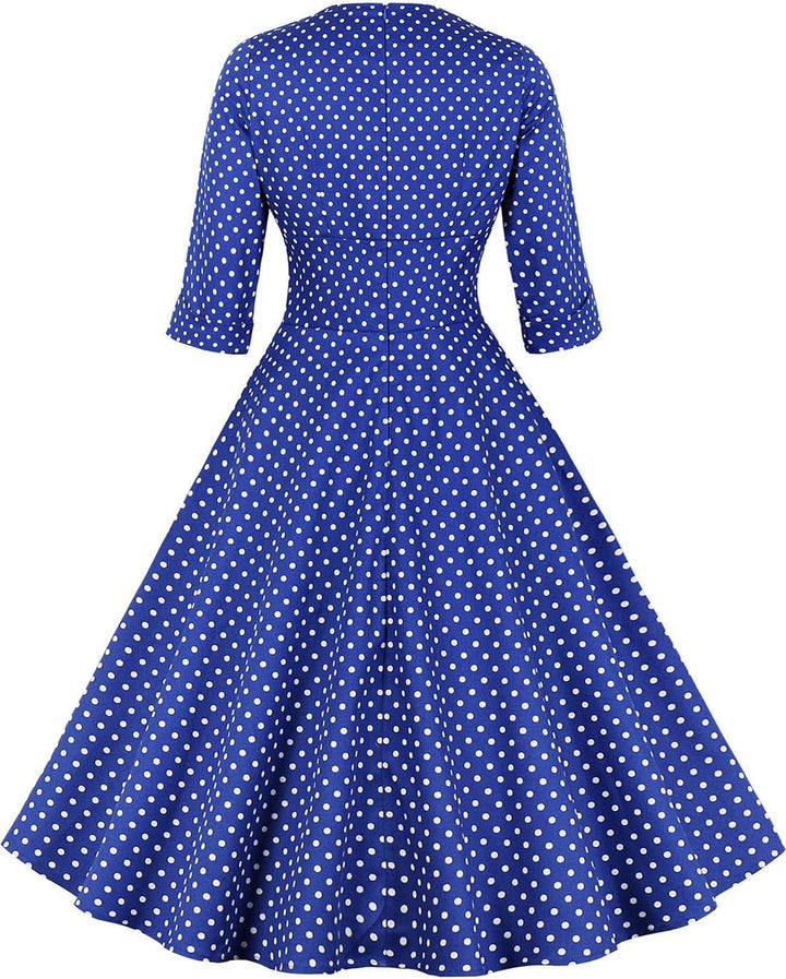 AXOE Damen 60er Jahre Kleid Cocktailkleid Abendkleid mit 3/4 Ärmel S Blau Polka Dots, S Blau Polka D