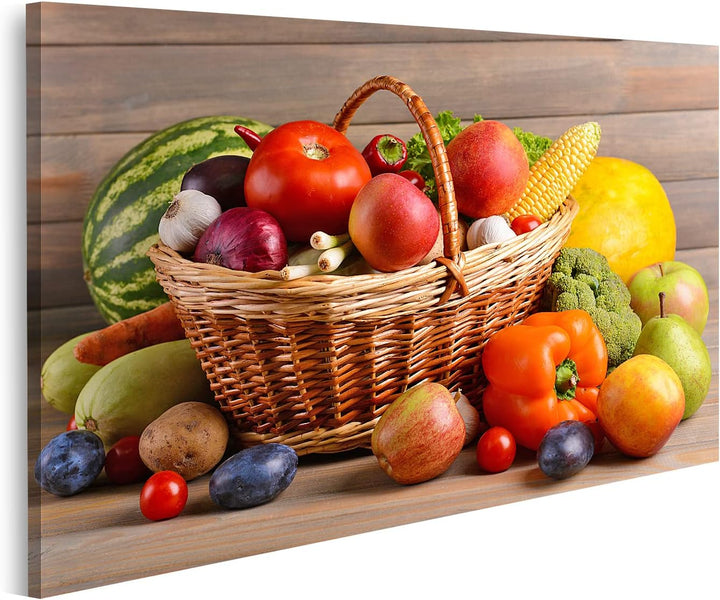islandburner Bild auf Leinwand Korb Mit Bio Obst Und Gemüse Auf Holzuntergrund Bilder Wandbilder Pos