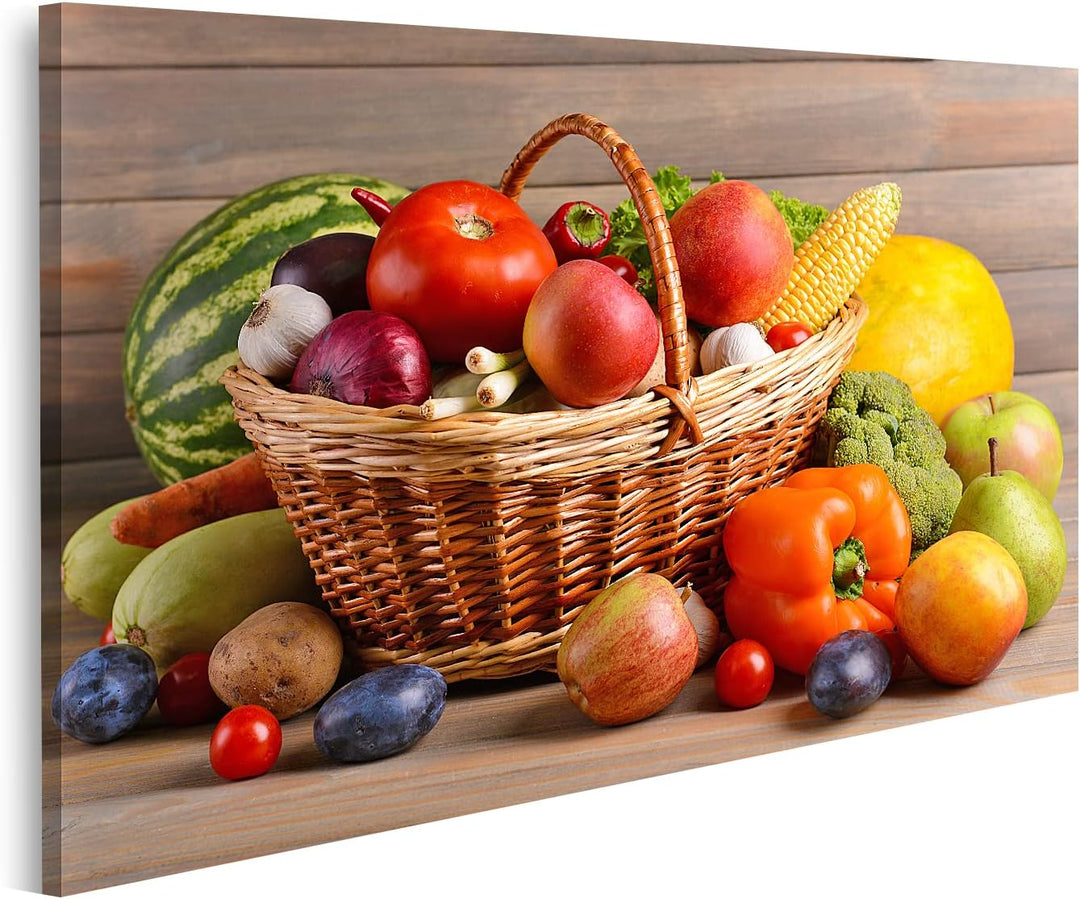 islandburner Bild auf Leinwand Korb Mit Bio Obst Und Gemüse Auf Holzuntergrund Bilder Wandbilder Pos