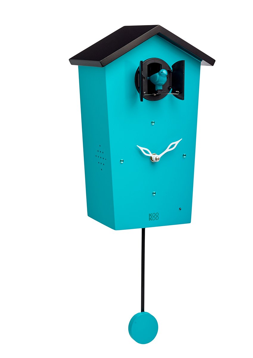KOOKOO Birdhouse Petrol, Moderne Kuckucksuhr mit Pendel, Design Wanduhr mit 12 Vogelstimmen oder Kuc