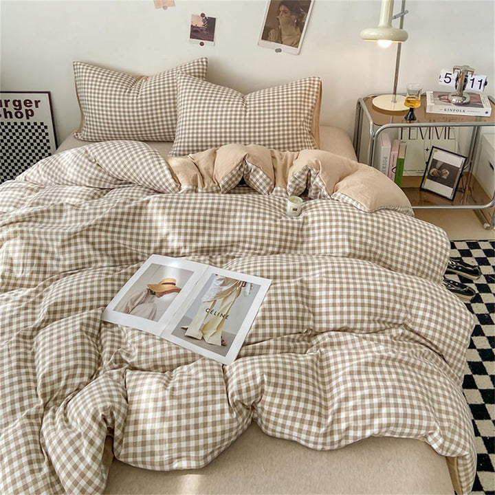 Bettwäsche Kariert 140x200 Beige Karomuster Microfaser Bettwäsche-Sets und Kissenbezug 70x90 cmZerti