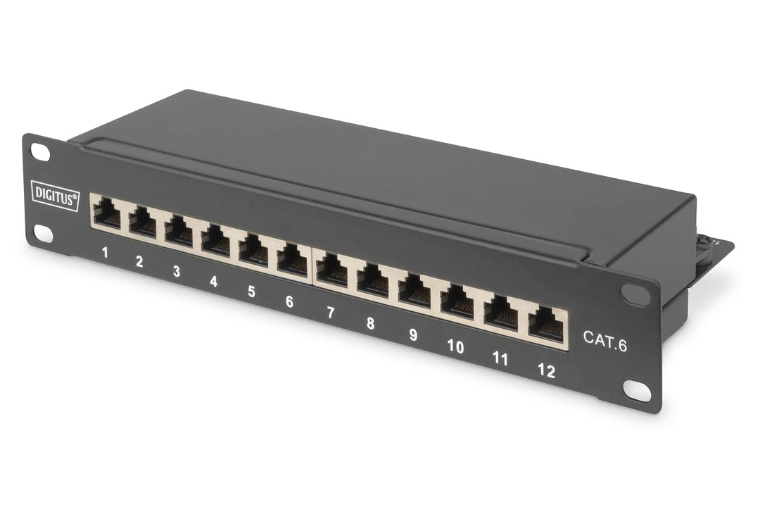 DIGITUS Cat-6 Patchpanel - 12 Ports - RJ45-Buchsen - 10-Zoll Rack-Mount 1HE - LSA Verteilerfeld - Ge