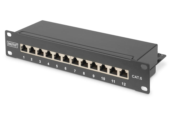 DIGITUS Cat-6 Patchpanel - 12 Ports - RJ45-Buchsen - 10-Zoll Rack-Mount 1HE - LSA Verteilerfeld - Ge