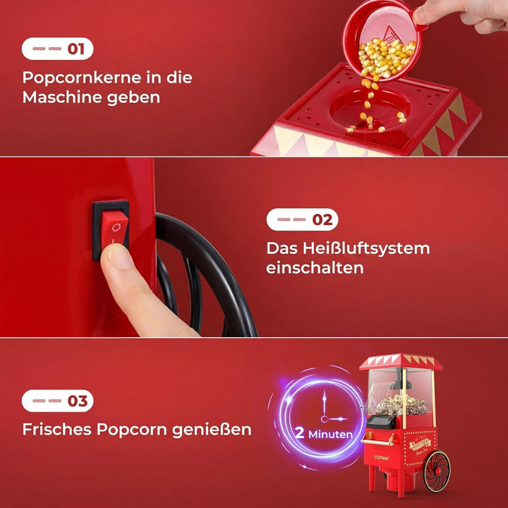 COSTWAY Retro Popcornmaschine 1200W, Heissluft Popcorn Maschine Ohne Öl, Schnelle Zubereitung in 2 M