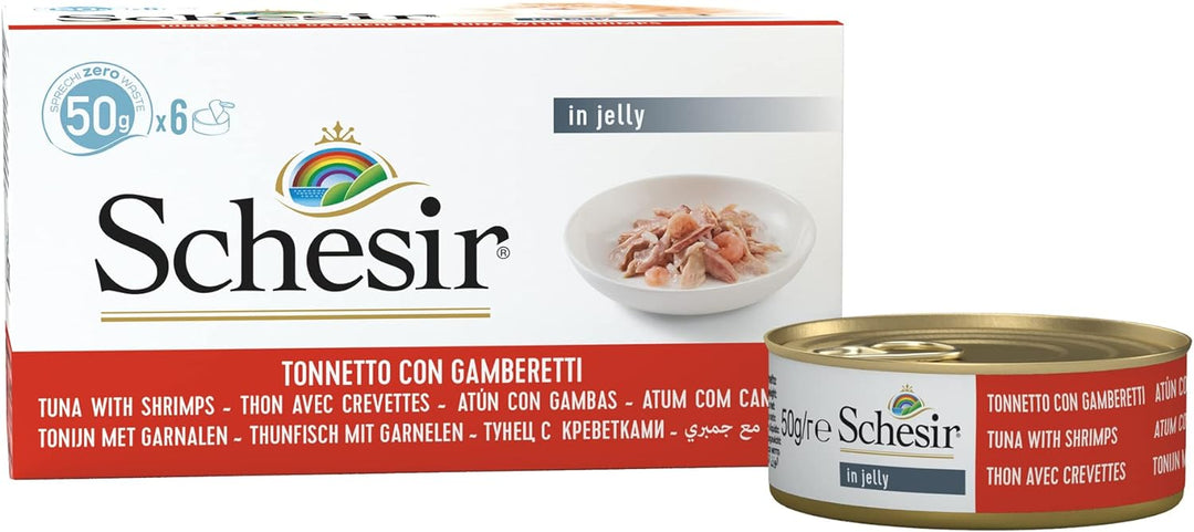 Schesir Cat Jelly Thunfisch mit Garnele, Katzenfutter nass in Gelee, 8 x 6 Dosen x 50 g Thunfisch mi