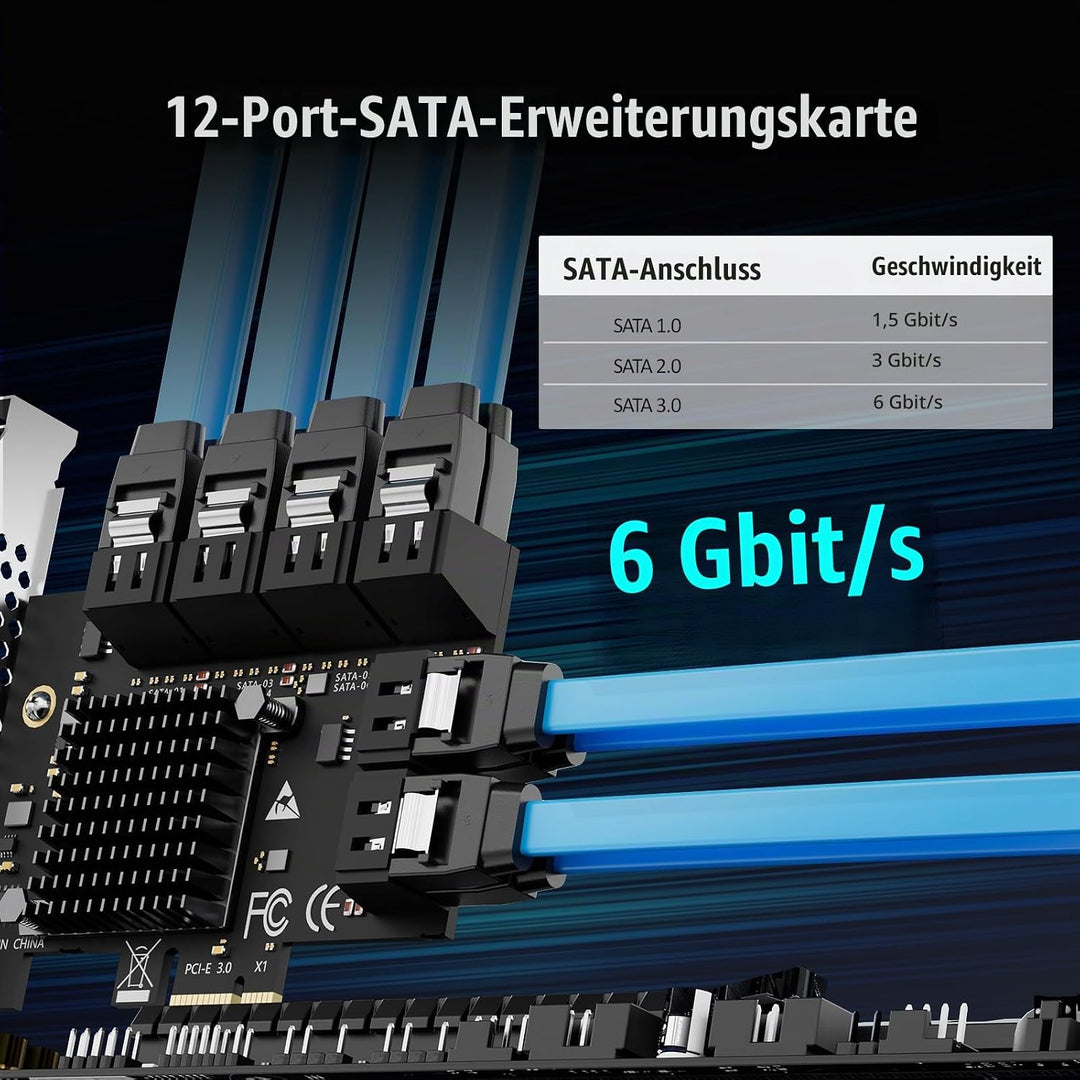 glotrends PCIe SATA Adapterkarte mit 12 Port SATA III 6Gbps (inklusive SATA Kabel und 15PIN SATA Spl