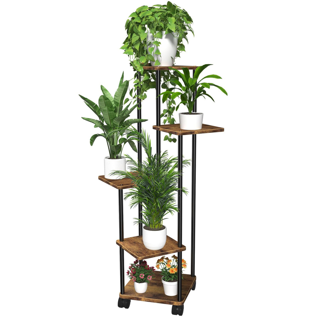 Blumenständer Pflanzenständer 5 Tier Holz, Pflanzenregal Mit Abnehmbaren Rollen, Modernes Blumenrega