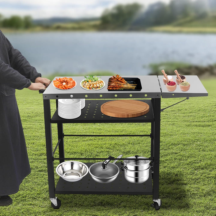 3-Etagen Servierwagen mit Klappbare Beistelltisch, Grilltisch Outdoor mit 4 Universal-Räder, Grillti