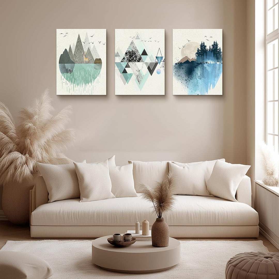 hyidecorart Abstrakte Bilder, Grün und Blau Geometrische Berg Landschaft Leinwand Wandkunst, Modern