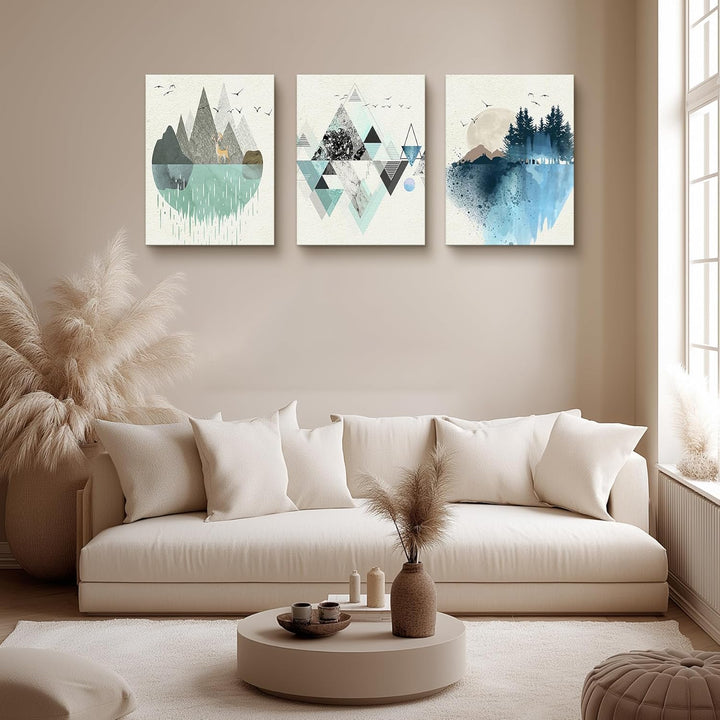 hyidecorart Abstrakte Bilder, Grün und Blau Geometrische Berg Landschaft Leinwand Wandkunst, Modern