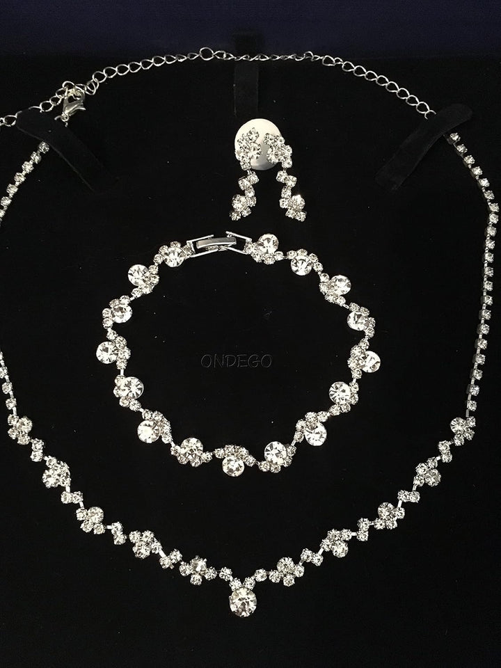 ONDEGO® 3er Set SILBER Strass Schmuck Kette Schmuckset Armband Hochzeit Collier Halskette Brautschmu
