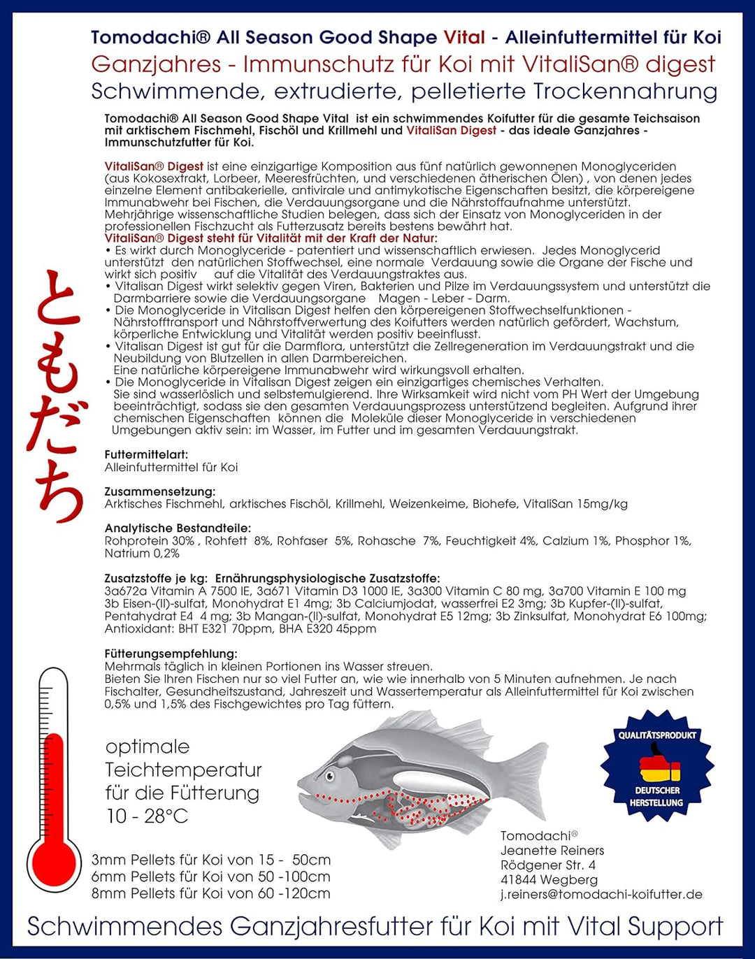 Tomodachi Koifutter, Schwimmfutter, Vitalfutter für Koi mit Monoglyceriden für Koigesundheit, Immuns