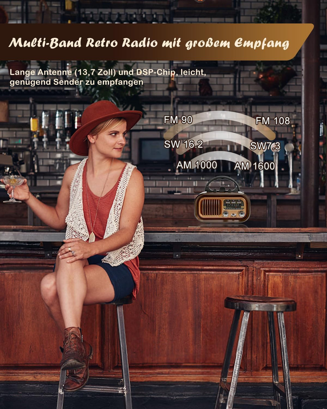 Retro Radio mit Bluetooth, AM/FM/SW Klein Radio Batteriebetrieben, Kofferradio Küchenradio Betrieben