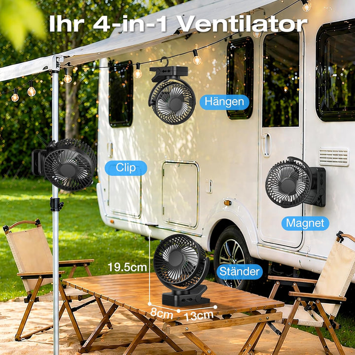 USB Ventilator 12000mAh Akku Tischventilator mit Fernbedienung & Magnetfuss, 3 Stufen, LED Licht, Ti