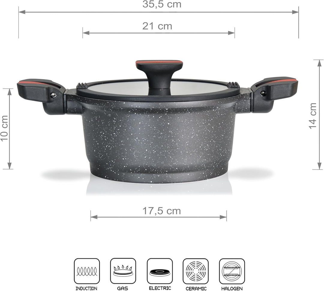 Linnuo Aluguss Topf 20 cm mit abnehmbaren Griffen & Deckel | Induktions-Kochtopf mit Antihaft-Beschi