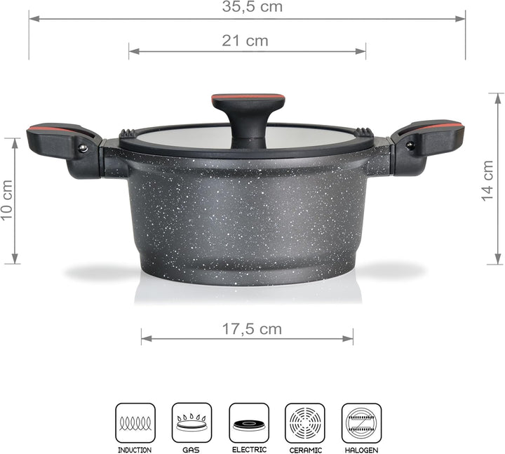 Linnuo Aluguss Topf 20 cm mit abnehmbaren Griffen & Deckel | Induktions-Kochtopf mit Antihaft-Beschi