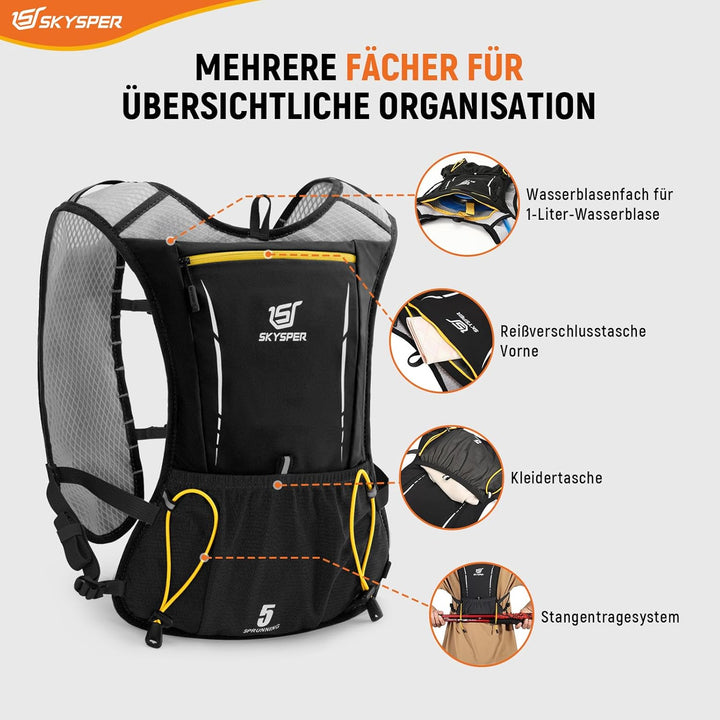 SKYSPER Laufweste Ultraleichter 5L, Trinkrucksack mit weichen Flaschen 500ml Laufrucksack Herren Dam