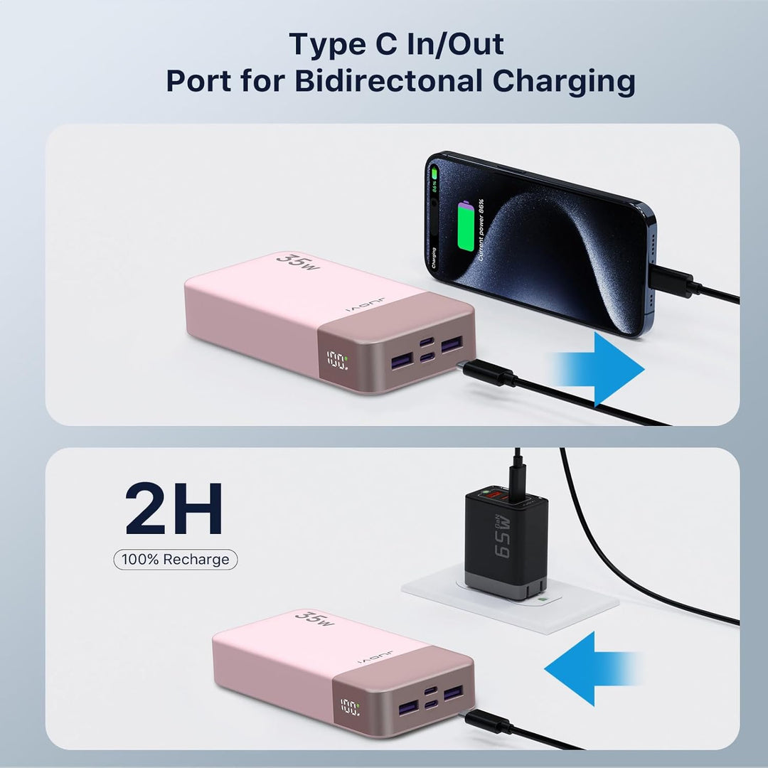 JUOVI J2651 Power Bank, 35W 20000mAh USB C In &amp; Out Power Bank, Akku-Pack mit QC3.0+PD3.0 35W High-S